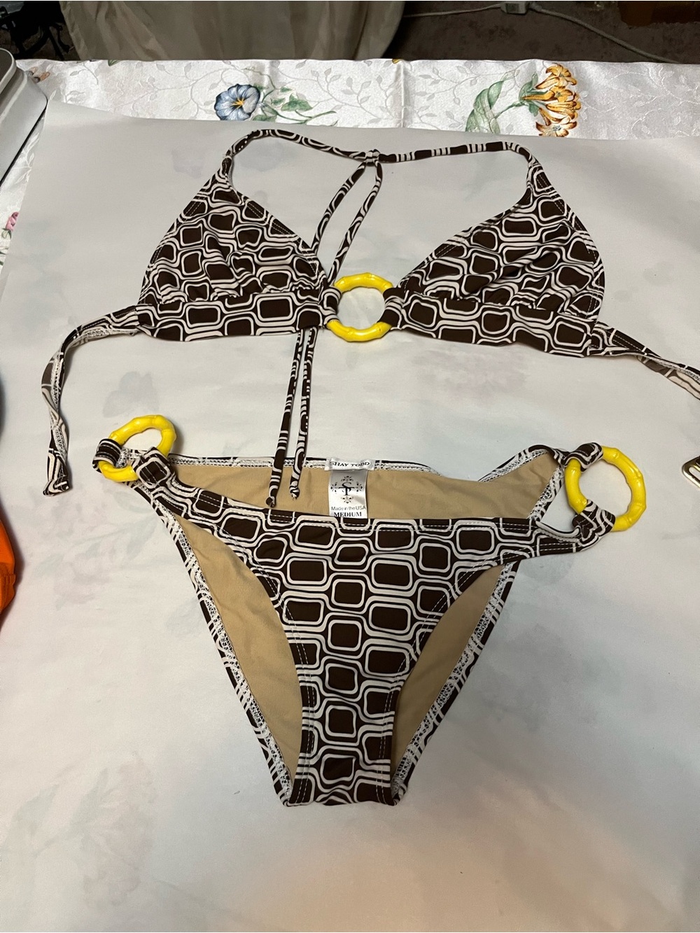 Geometric Brown & White Ring-Accent Triangle Bikini